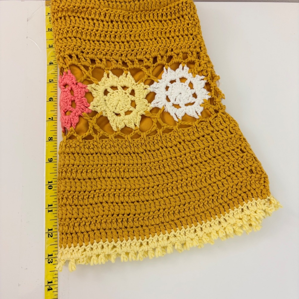 Mora Mustard Yellow Crochet Floral Medallion Fringe Mini Skirt One Size Boho - Picture 4 of 8